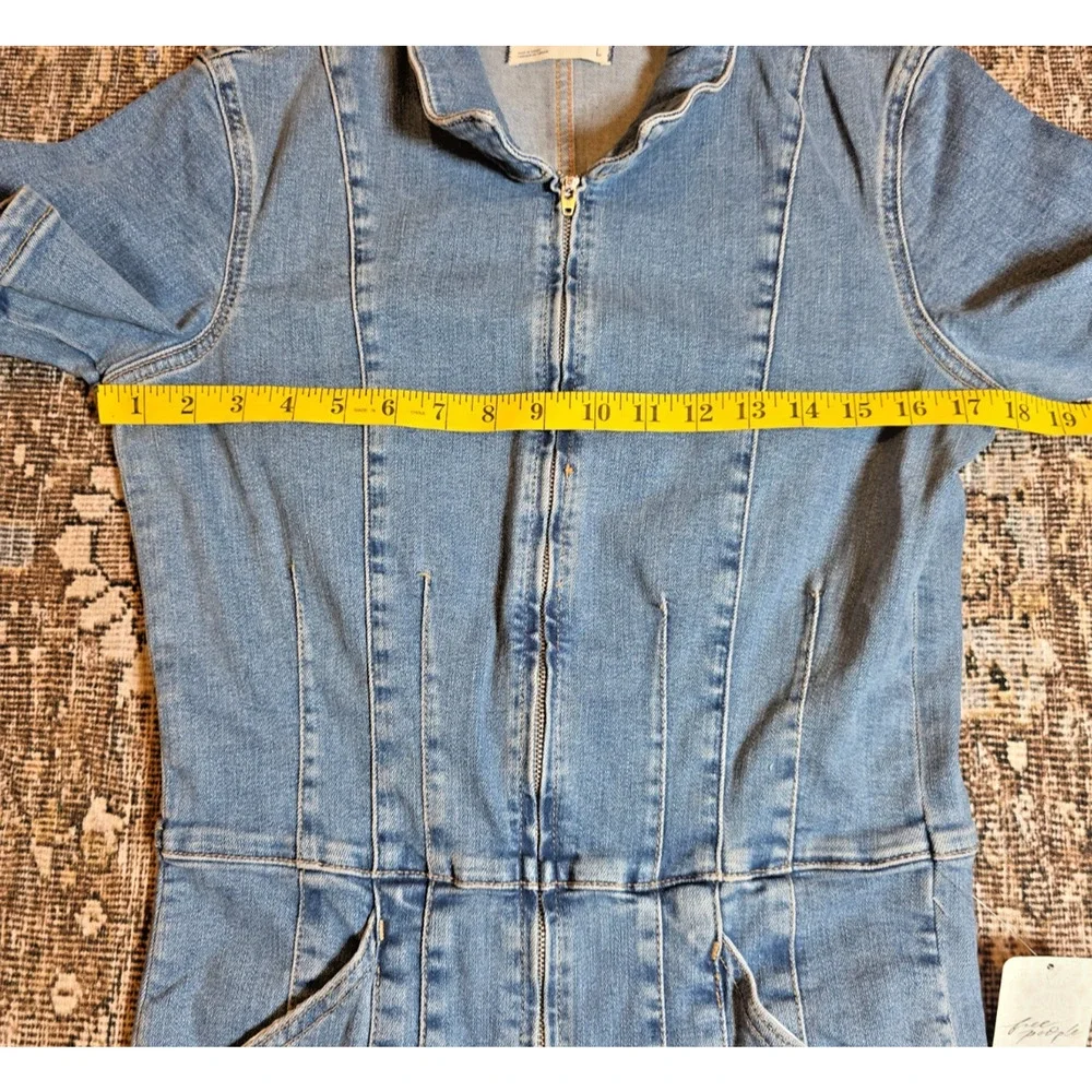 Free People We The Free Jayde Denim Jumpsuit Sunburst Blue Bell Flare L NWT